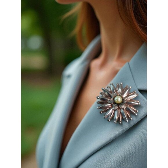 Unmarked Jewelry - Vintage 1950's Layered Flower Petals and Faux Pearl Brooch - 2' x 1.5'